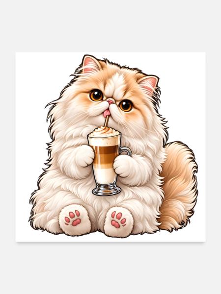 Süße Perserkatze mit Latte Macchiato - Poster 60x60 cm - Weiß - Vorne