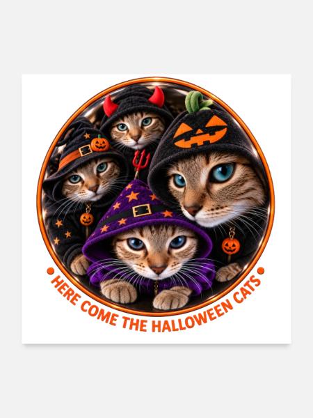 Halloween Katzen im Kostüm Rundemblem - Poster 60x60 cm - Weiß