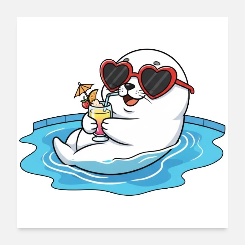 Entspannter Seehund mit Herzbrille im Pool Poster 60x60 cm