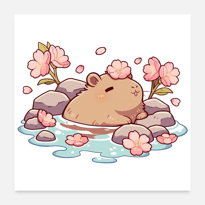 Cute Capybara Onsen – Cherry Blossom Kawaii Design Poster 24" x 24" (60x60 cm)