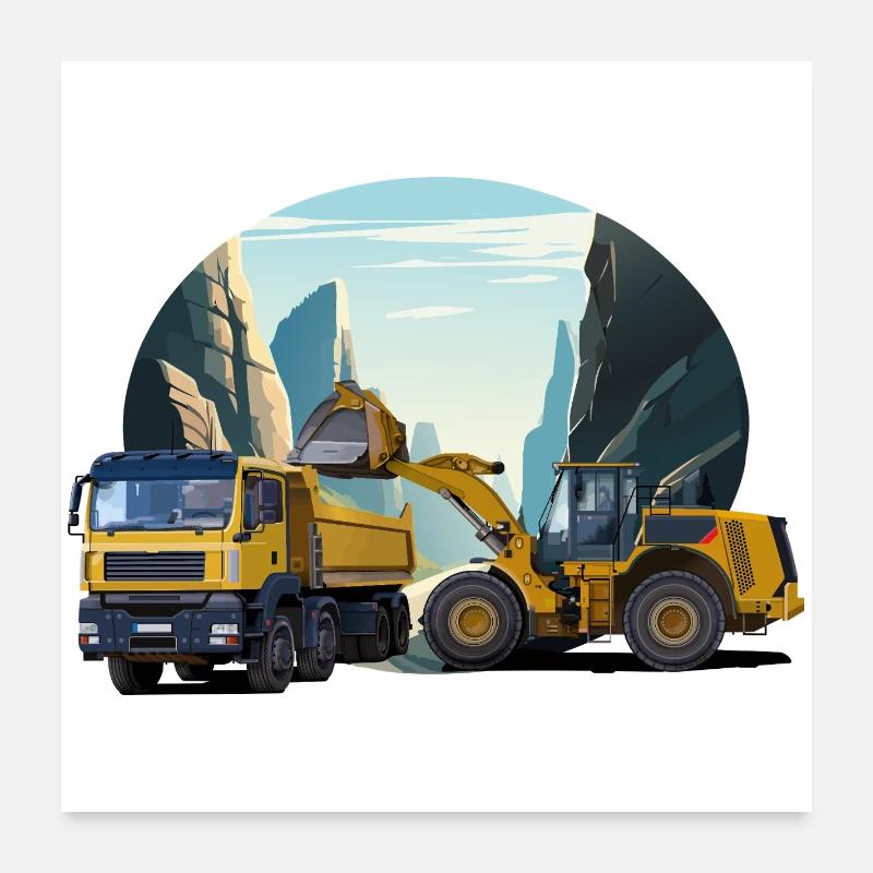 Bagger mit LKW im Steinbruch - Poster 60x60 cm - Weiß