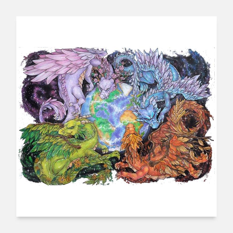 Fantasy Seasons Dragons Earth Mythology Poster 24" x 24" (60x60 cm)