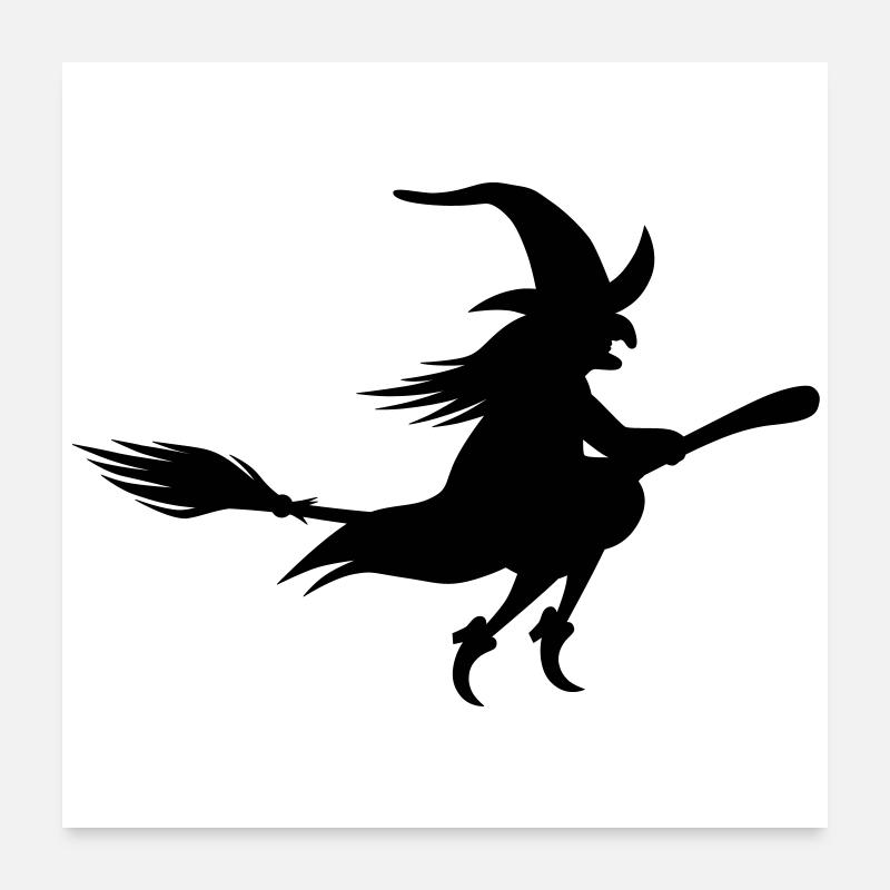 Fliegende alte Hexe auf einem Besen / schwarz-weiß - Poster 60x60 cm - Weiß