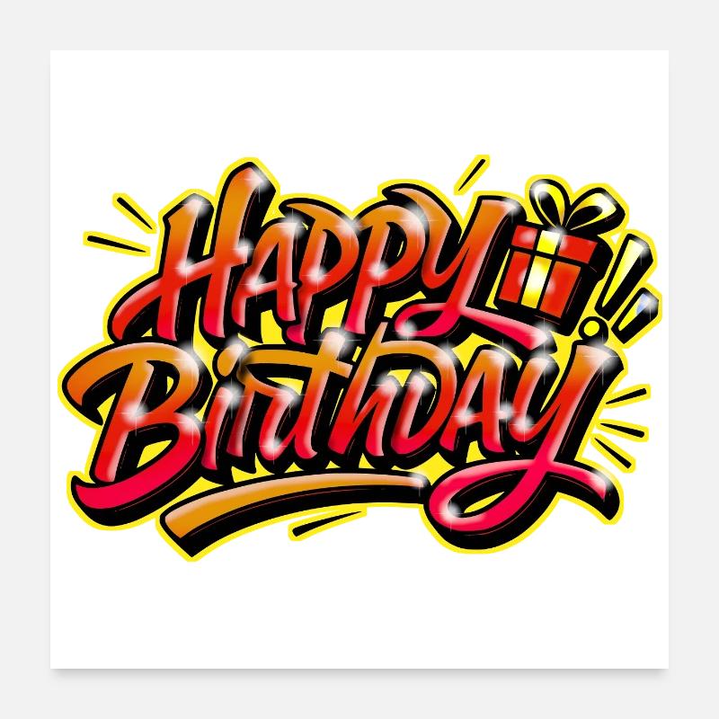Joyeux Anniversaire Graffiti Jaune Rouge Poster 60 x 60 cm