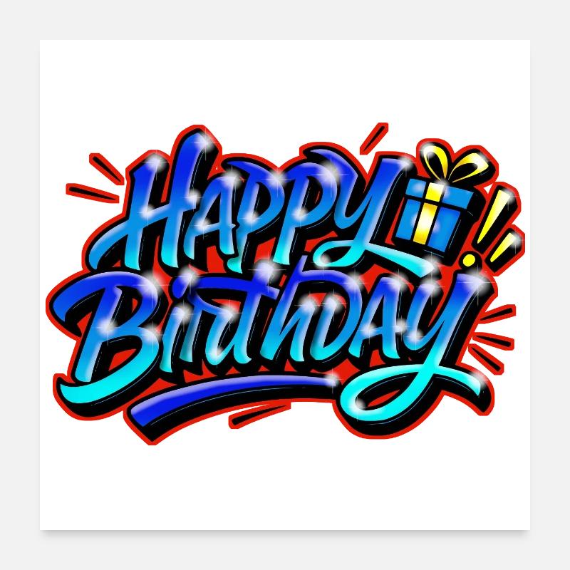 Graffiti Joyeux Anniversaire BLEU ROUGE Poster 60 x 60 cm