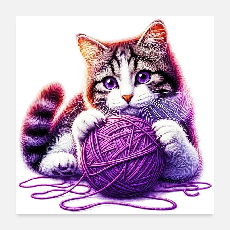 Le chat joue avec une pelote de laine Poster 60 x 60 cm
