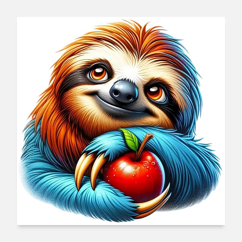 Sloth with a red apple Poster 24" x 24" (60x60 cm)