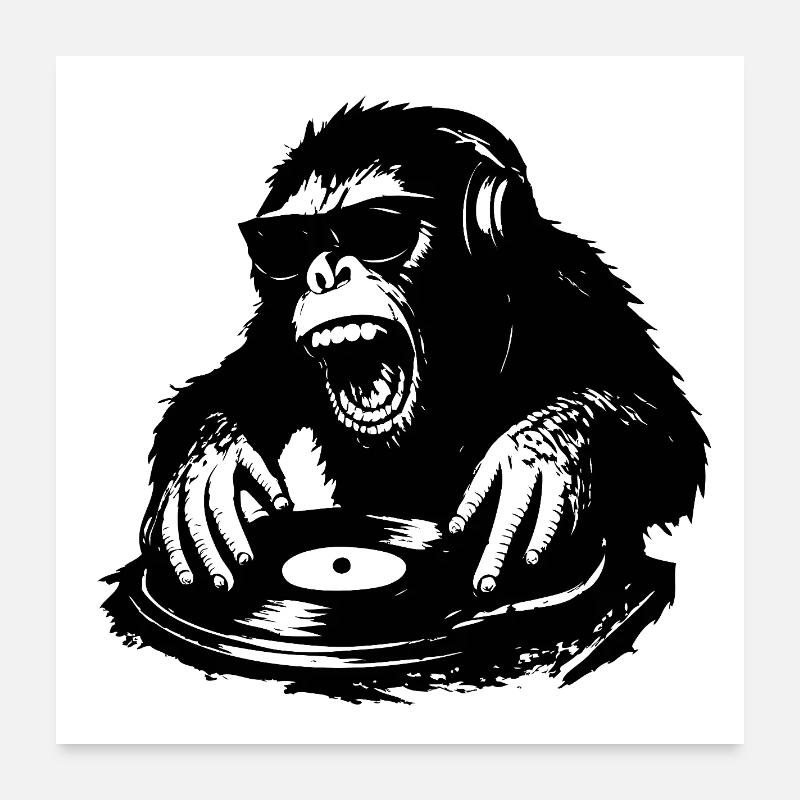 Wild DJ monkey sur platine vinyle Poster 60 x 60 cm