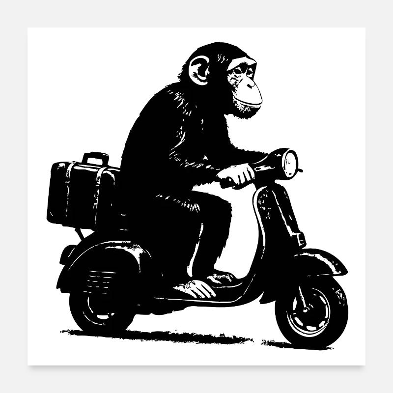 Singe rétro sur cyclomoteur | Singe en scooter Poster 60 x 60 cm