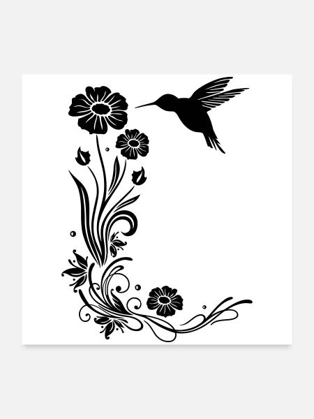 Motif floral avec des fleurs et colibris. - Poster 60 x 60 cm - blanc - Devant