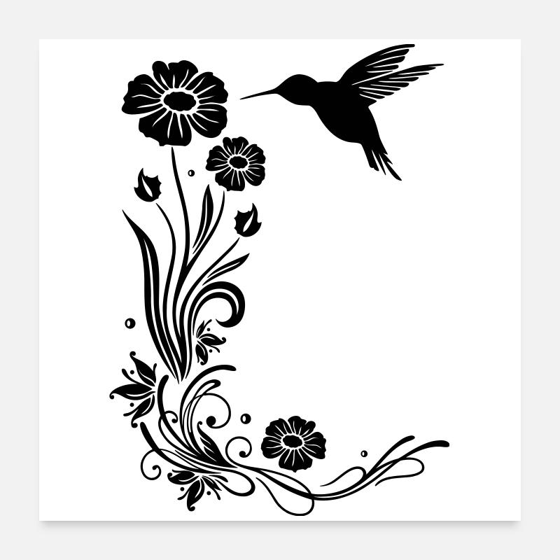 Motif floral avec des fleurs et colibris. Poster 60 x 60 cm