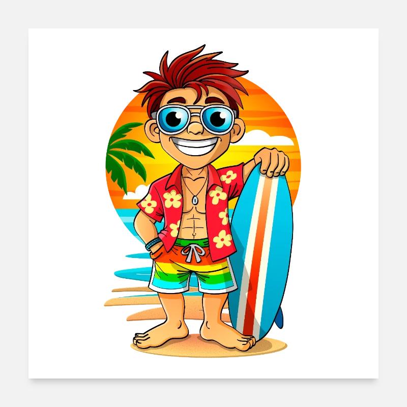 Fröhlicher Surfer mit Surfbrett am Strand. Poster 60x60 cm