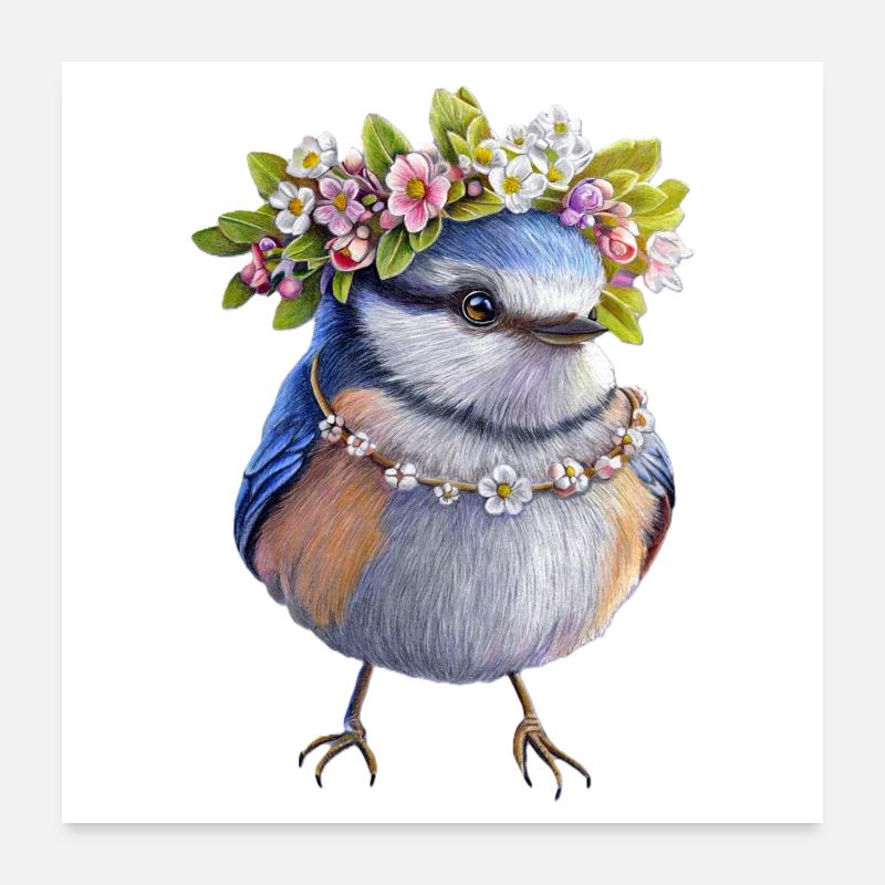 Vogel Blumenkranz - Poster 60x60 cm - Weiß