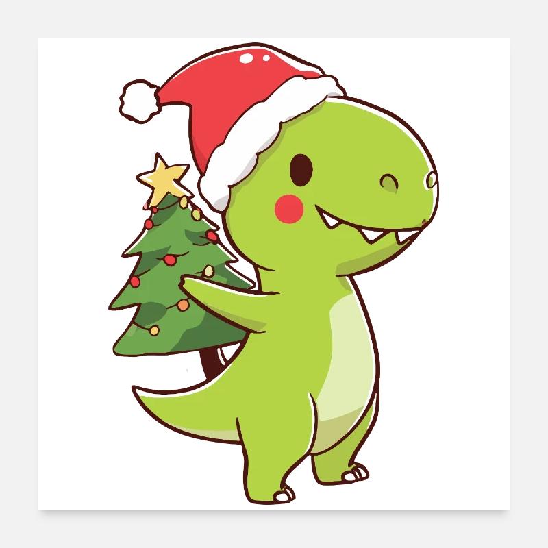 Kawaii Dino T-Rex avec sapin de Noël Poster 60 x 60 cm