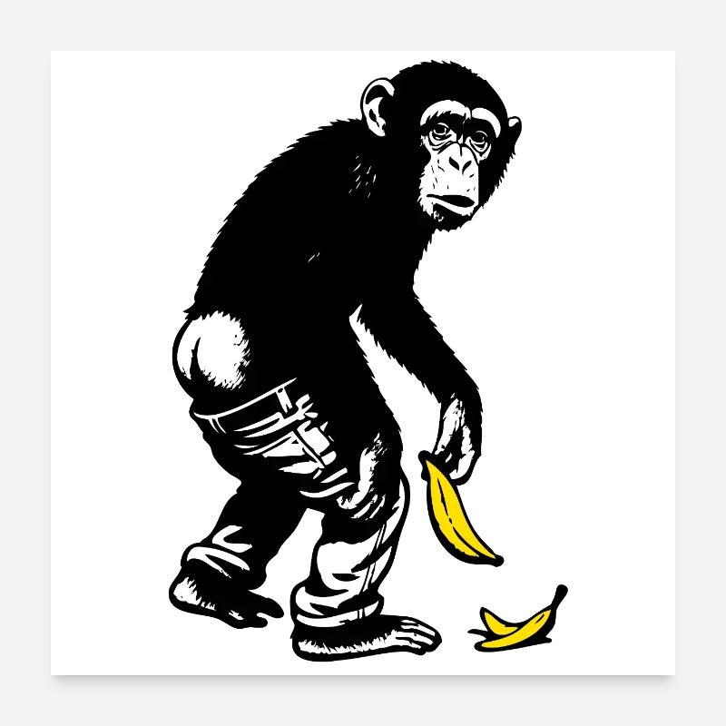 Grafischer Affe mit Banane rutscht die Hose runter - Poster 60x60 cm - Weiß