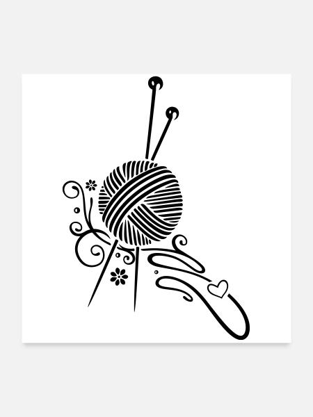 Aiguilles à tricoter à la laine et aux fleurs. - Poster 60 x 60 cm - blanc - Devant