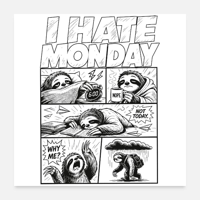 Je déteste Monday Sloth Comic Poster 60 x 60 cm