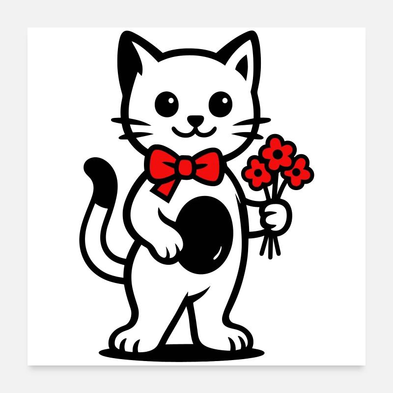 Amoureux des chats kawaii avec ruban rouge Poster 60 x 60 cm