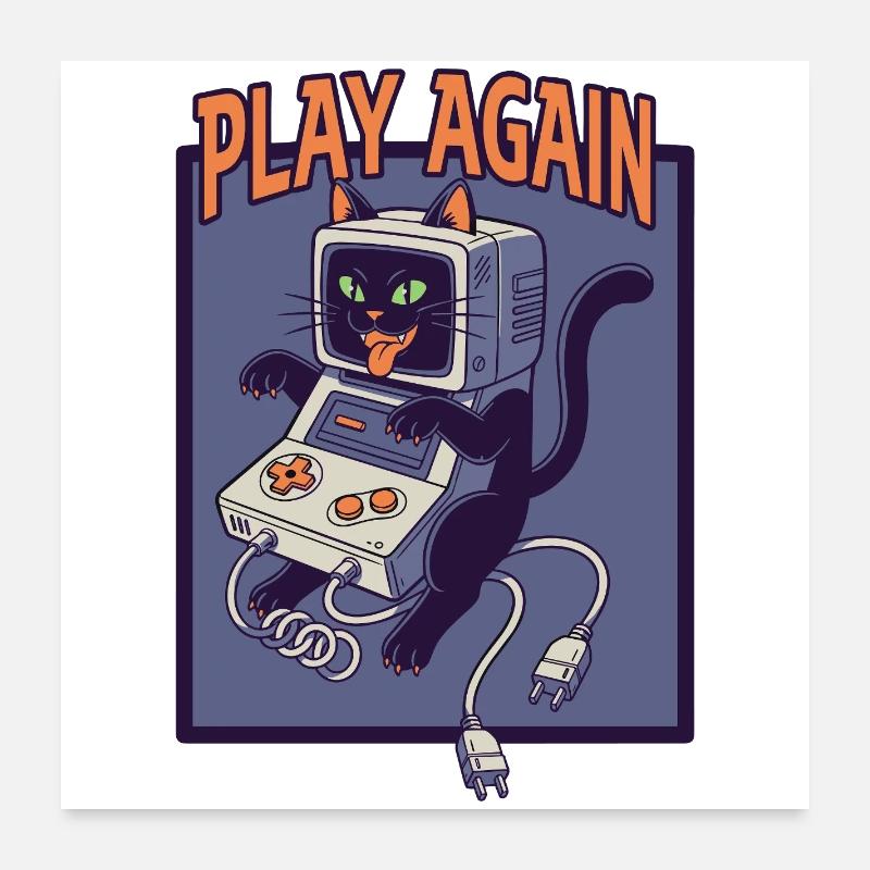 Play Again: Retro Cat with Game Console Poster 24" x 24" (60x60 cm)