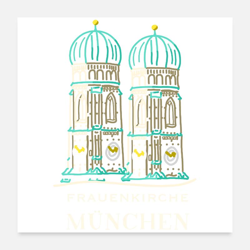 Munich, Frauenkirche, Cathédrale, Bavière, Dessin Poster 60 x 60 cm
