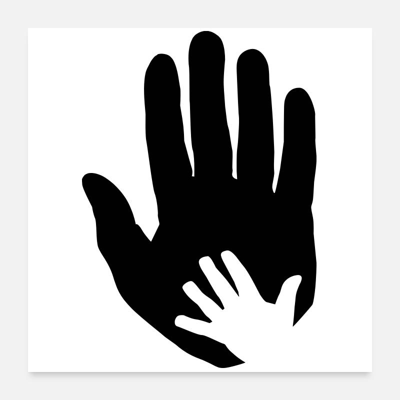 Bébé, main d’enfant dans la main du parent adulte. Poster 60 x 60 cm