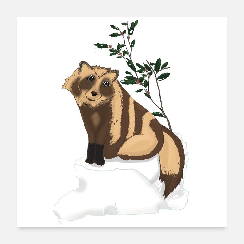 Tanuki unter dem Mistelzweig - Poster 60x60 cm - Weiß