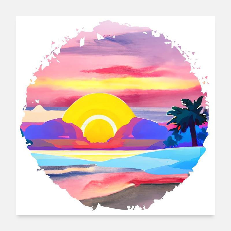 Aquarelle de plage de coucher de soleil d’été Poster 60 x 60 cm