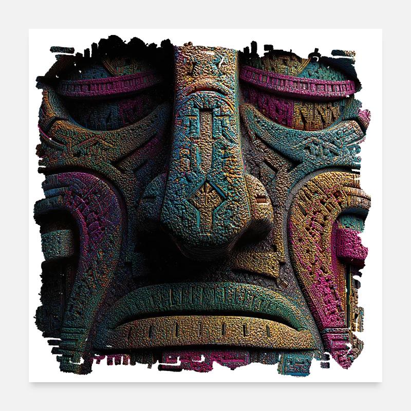 Masque Totem de Relief de Couleur Aztèque Poster 60 x 60 cm