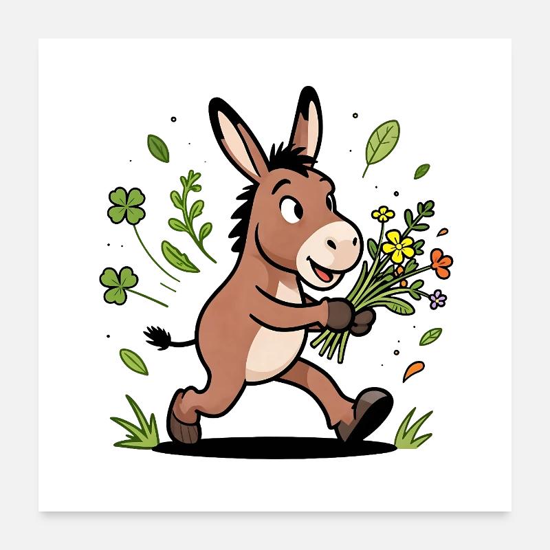 Âne joyeux et bouquet printanier Poster 60 x 60 cm