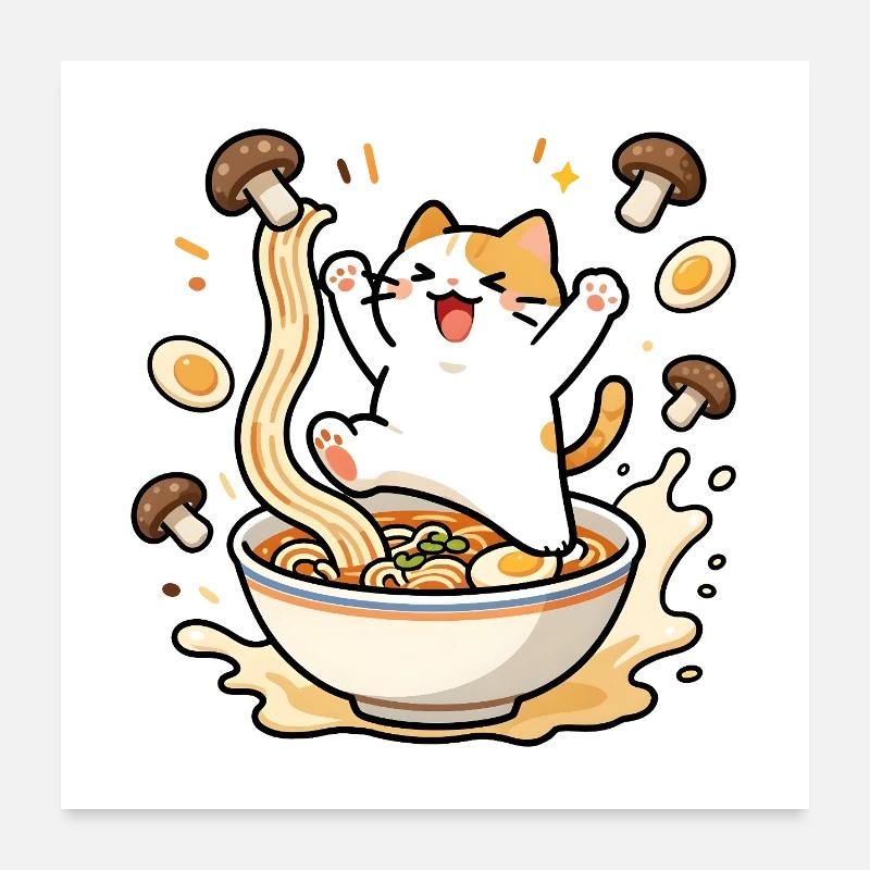 Chat ramen joyeux Poster 60 x 60 cm