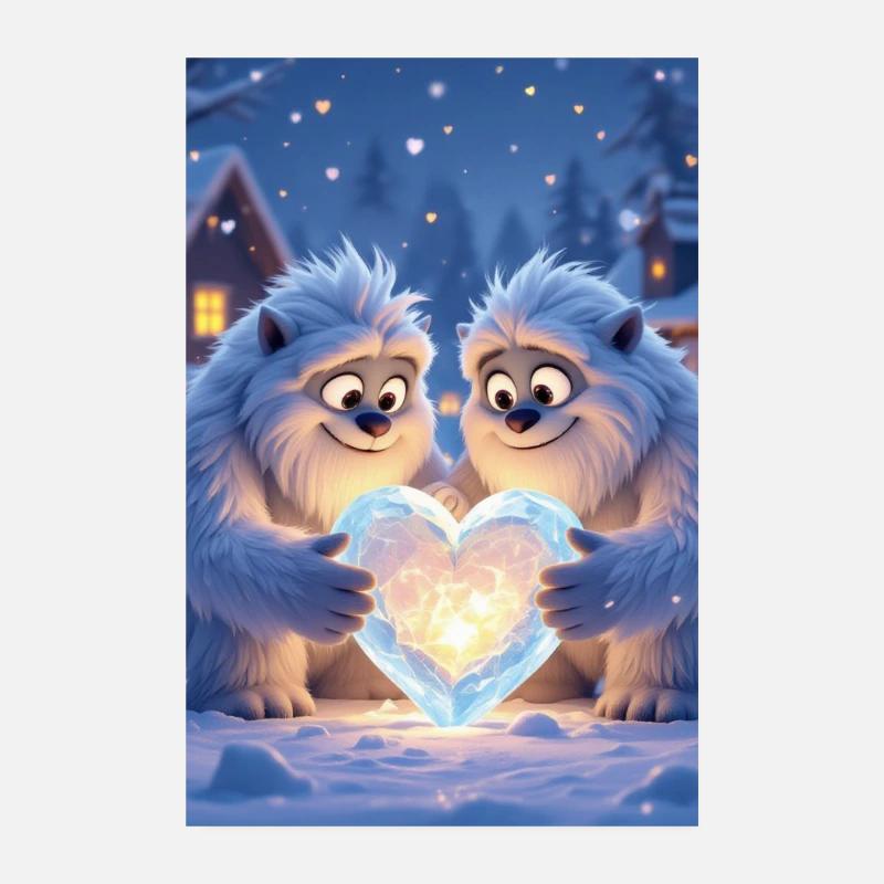 Romantisches Yeti-Paar, das gemeinsam Herz schnitzt Poster 20x30 cm