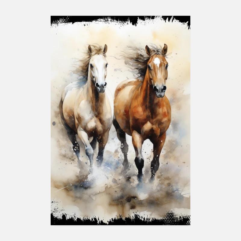 Wildpferde in Bewegung Wasserfarbe Illustration Poster 20x30 cm
