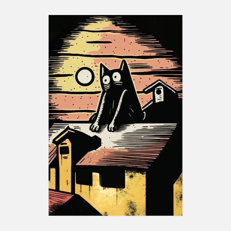 Nuit au clair de lune avec chat noir Poster 20 x 30 cm