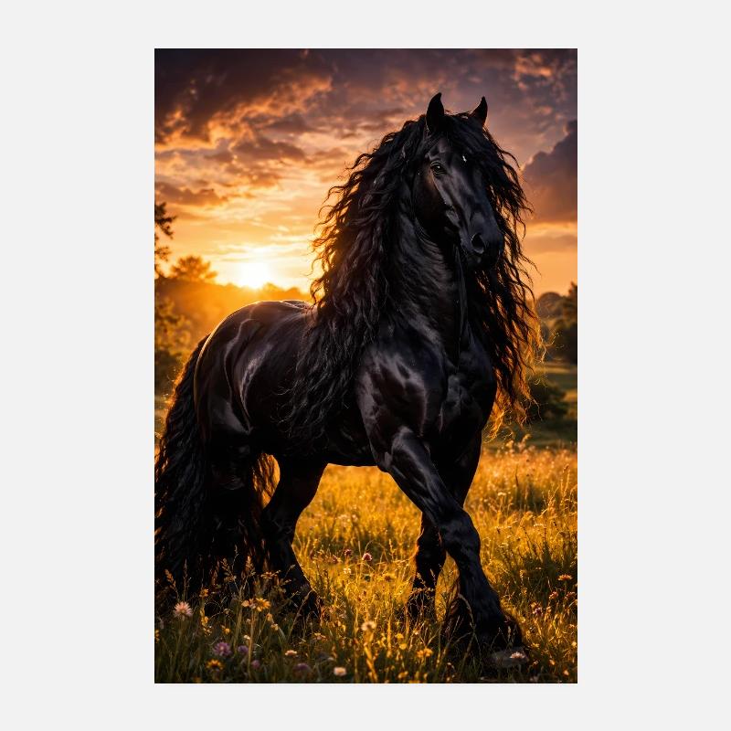 Abendlicht Schwarzpferd Poster 20x30 cm