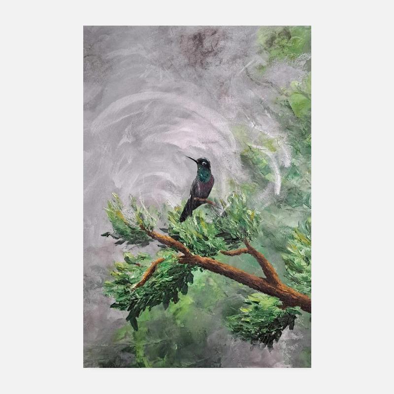 Colibri perché sur une branche feuillue Poster 20 x 30 cm