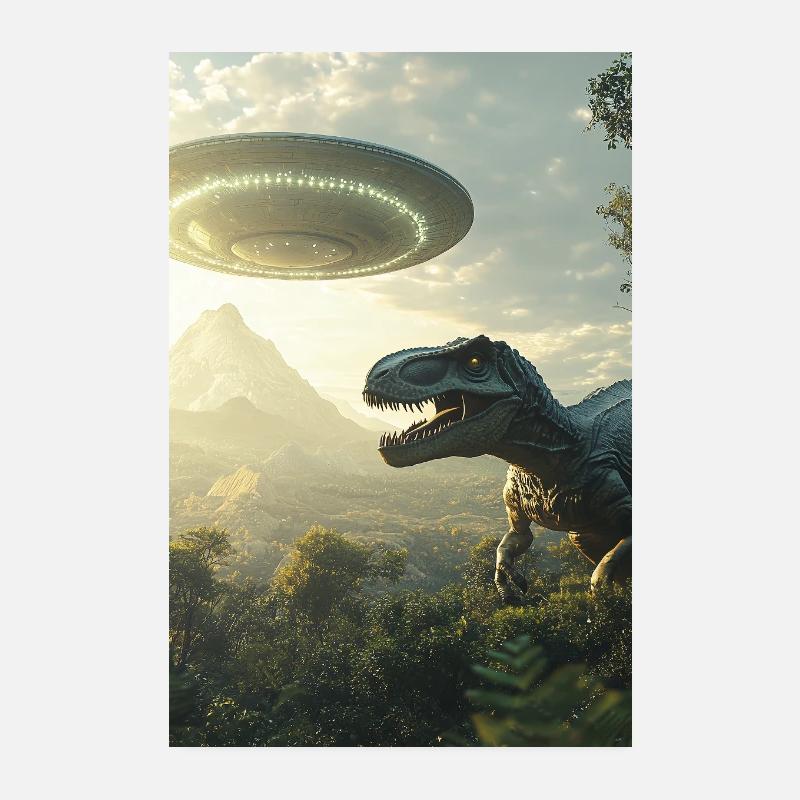 T-Rex Selfie mit UFO - Poster 20x30 cm - Weiß