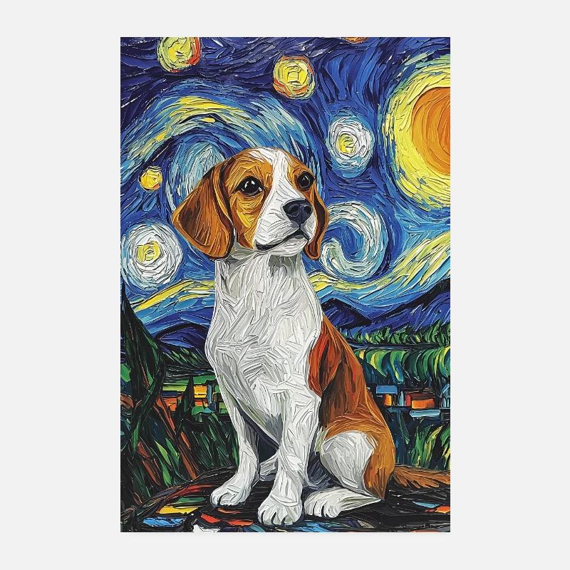 Beagle Hund Van Gogh Style Starry Night - Poster 20x30 cm - Weiß