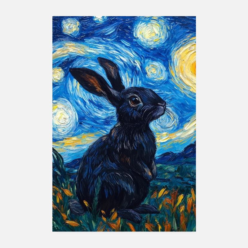 Bunny Van Gogh Style Starry Night Poster 8" x 12" (20x30 cm)