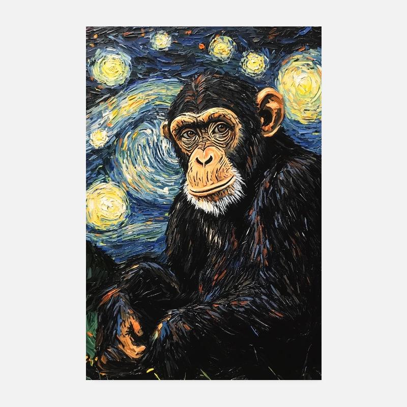 Monkey Chimpanzee Van Gogh Style Starry Poster 8" x 12" (20x30 cm)