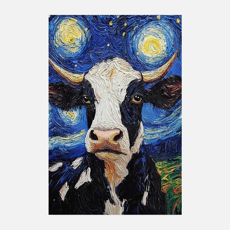 Vache, Vaches Style Van Gogh Étoilé Poster 20 x 30 cm