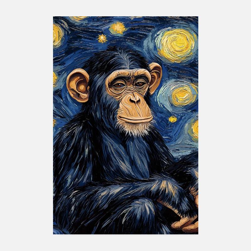 Monkey Chimpanzee Van Gogh Style Starry Poster 8" x 12" (20x30 cm)