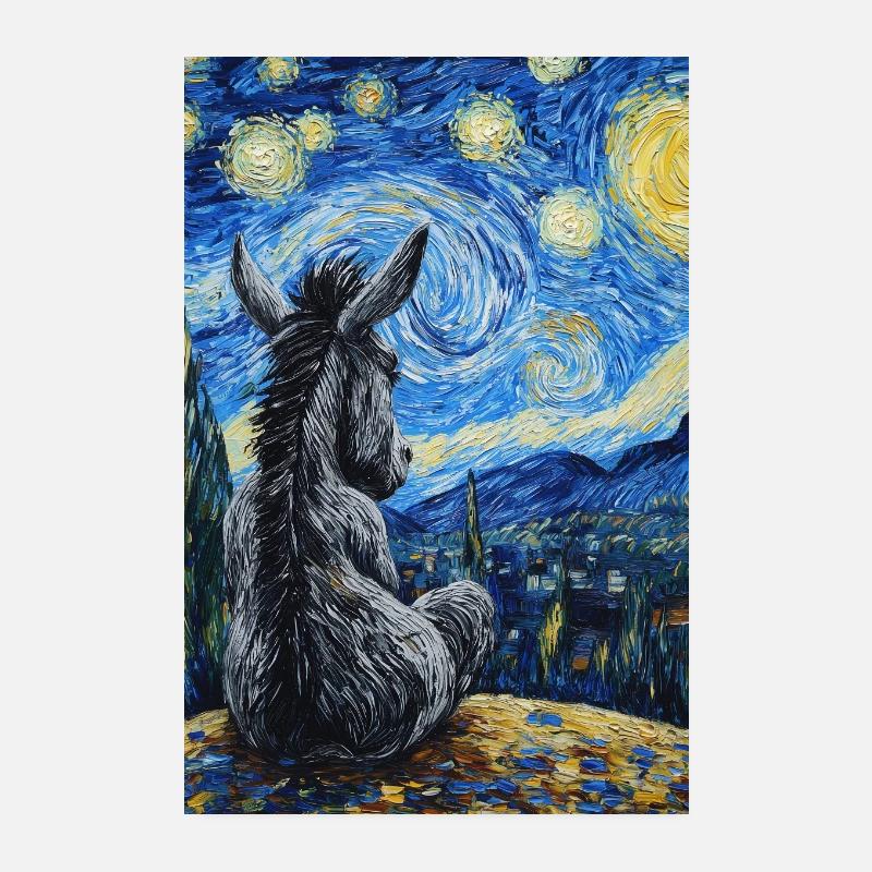 Esel Donkey Van Gogh Style Starry Night - Poster 20x30 cm - Weiß