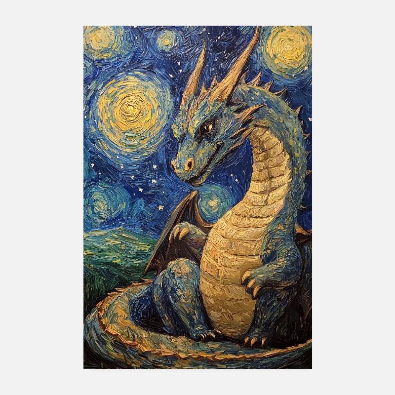 Drache Drachen Dragon Van Gogh Style Starry Night - Poster 20x30 cm - Weiß