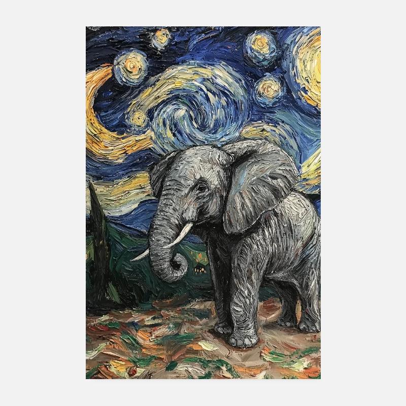 Éléphant Van Gogh Style Nuit étoilée Poster 20 x 30 cm