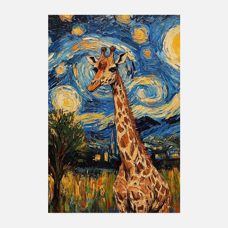 Giraffe Van Gogh Style Starry Night Poster 20x30 cm