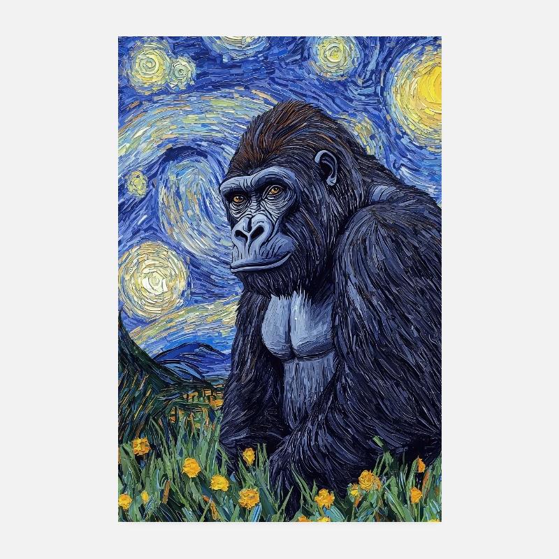 Gorilla Gorillas Affe Van Gogh Style Starry Night Poster 20x30 cm