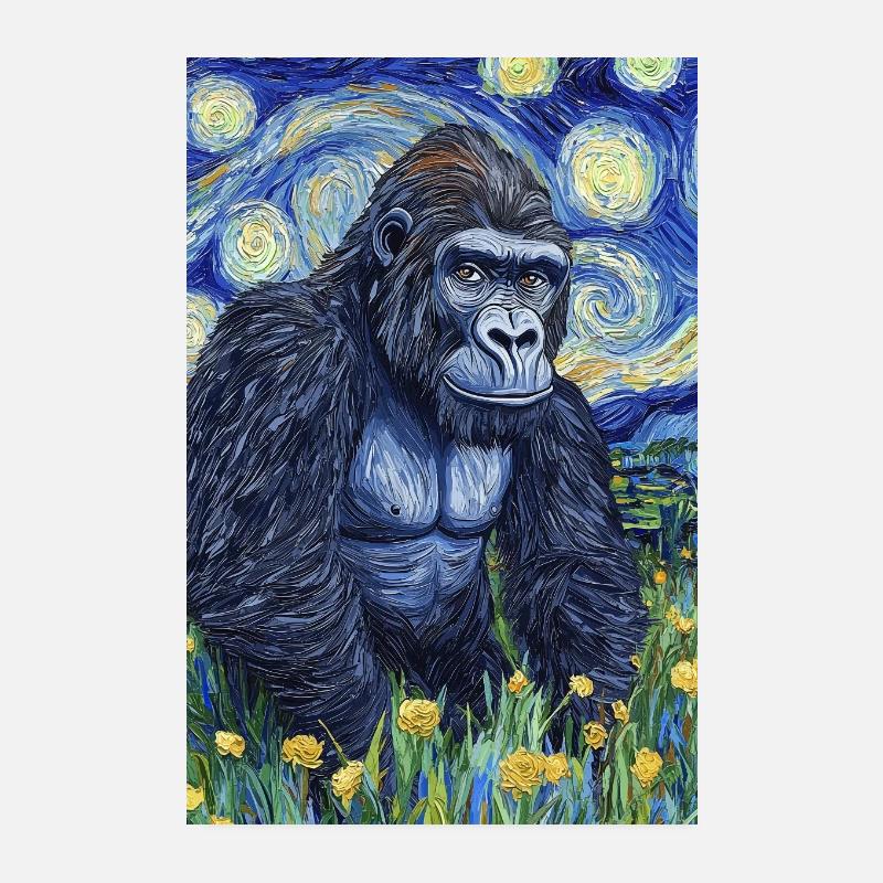 Gorilla Gorillas Affe Van Gogh Style Starry Night Poster 20x30 cm