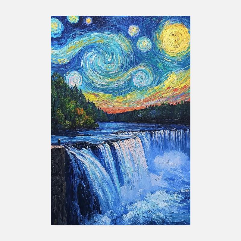 Niagara Falls Van Gogh Style Starry Night Poster 8" x 12" (20x30 cm)