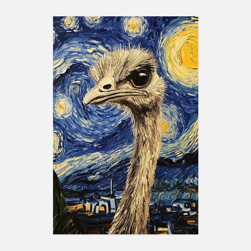 Ostrich Bird Van Gogh Style Starry Night Poster 8" x 12" (20x30 cm)