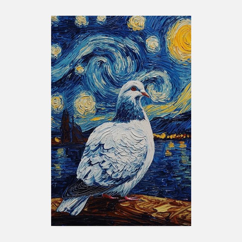 Dove Bird Van Gogh Style Starry Night Poster 8" x 12" (20x30 cm)
